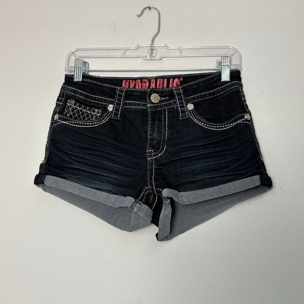 Hydraulic Lola Dark Wash Contrast Stitch Rhinestone Mini Denim Shorts Womens 7/8